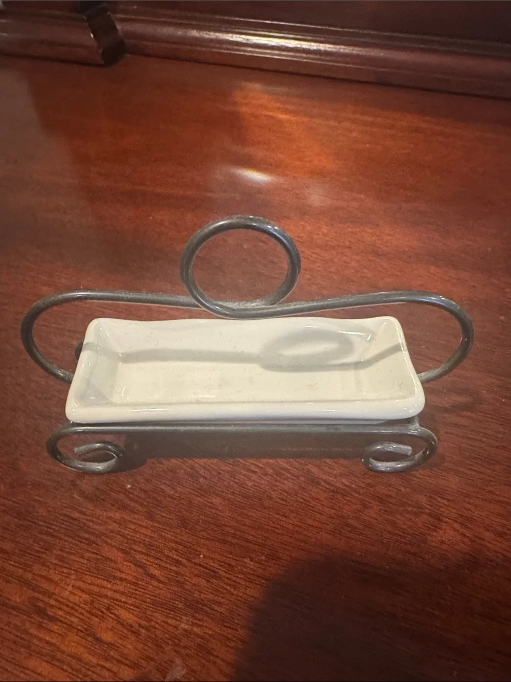White Ceramic 2” Ring Dish with Metal Scroll Holder - White